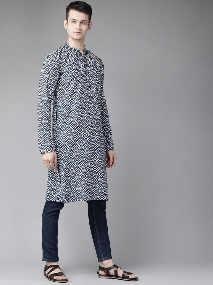 See Designs Men Blue & Grey Geometric Block Print Cotton Sustainable Handloom Kurta