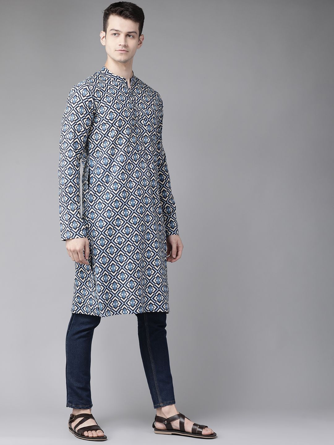 See Designs Men Blue & Grey Geometric Block Print Cotton Sustainable Handloom Kurta