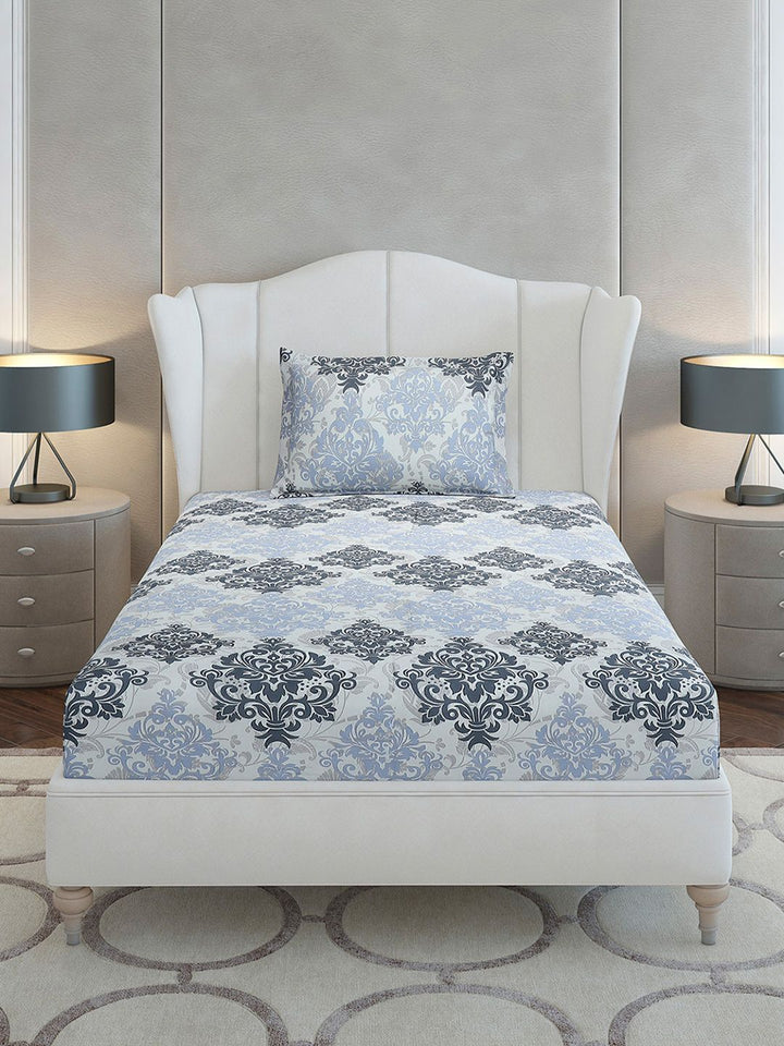 Monte Carlo Grey & Blue Ethnic Motifs Cotton 104 TC Single Bedsheet Set-2.24 m x 1.52 m