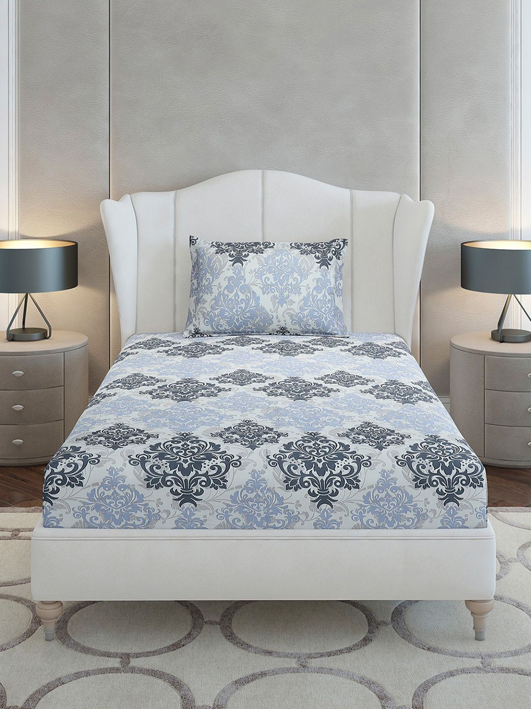 Monte Carlo Grey & Blue Ethnic Motifs Cotton 104 TC Single Bedsheet Set-2.24 m x 1.52 m