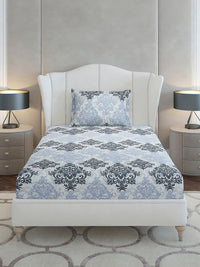 Monte Carlo Grey & Blue Ethnic Motifs Cotton 104 TC Single Bedsheet Set-2.24 m x 1.52 m