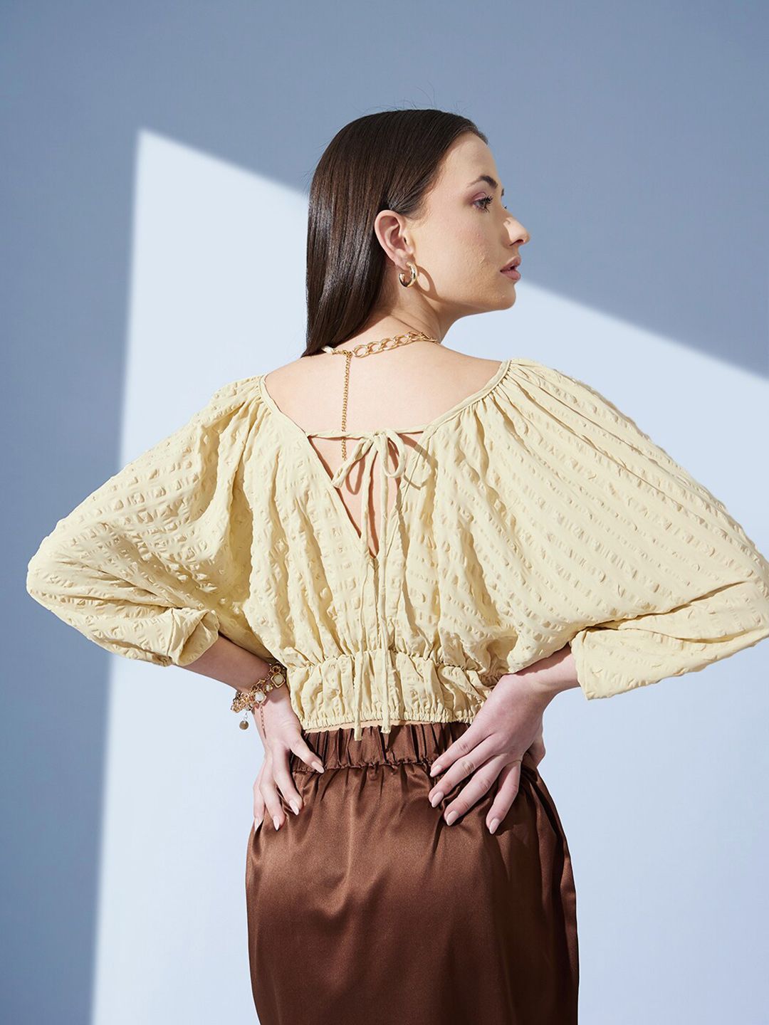 STREET 9 Self Design Puffed Sleeves Jacquard Crop Empire Top