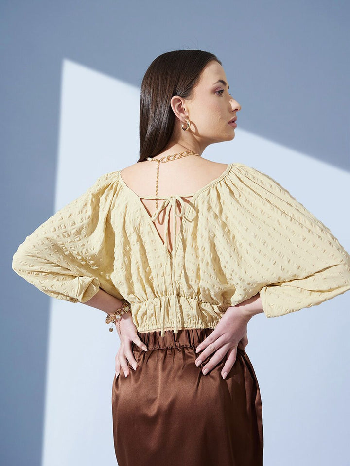 STREET 9 Self Design Puffed Sleeves Jacquard Crop Empire Top