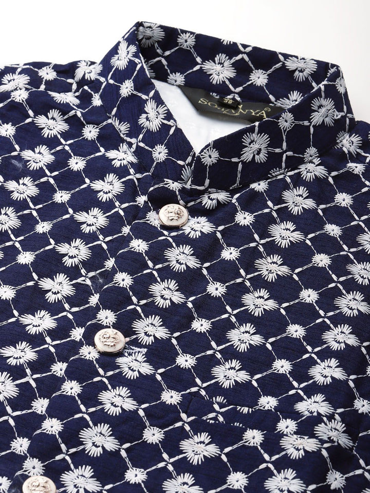 SOJANYA Lelaki Motif Etnik Biru Laut & Hijau Sulam Kurta Churidar