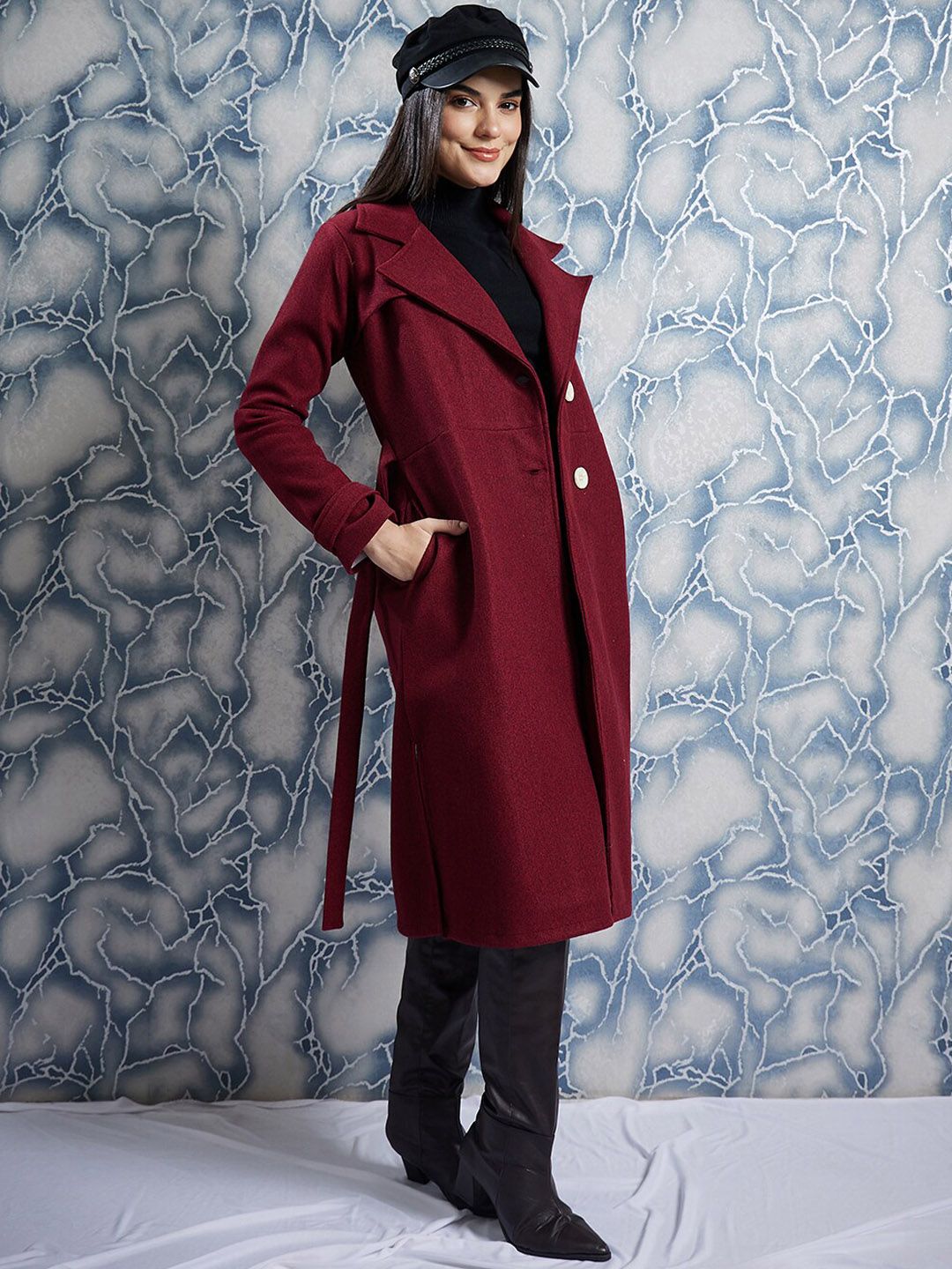 Athena Maroon Notched Lapel Collar Woollen Single Breasted Trench Coat
