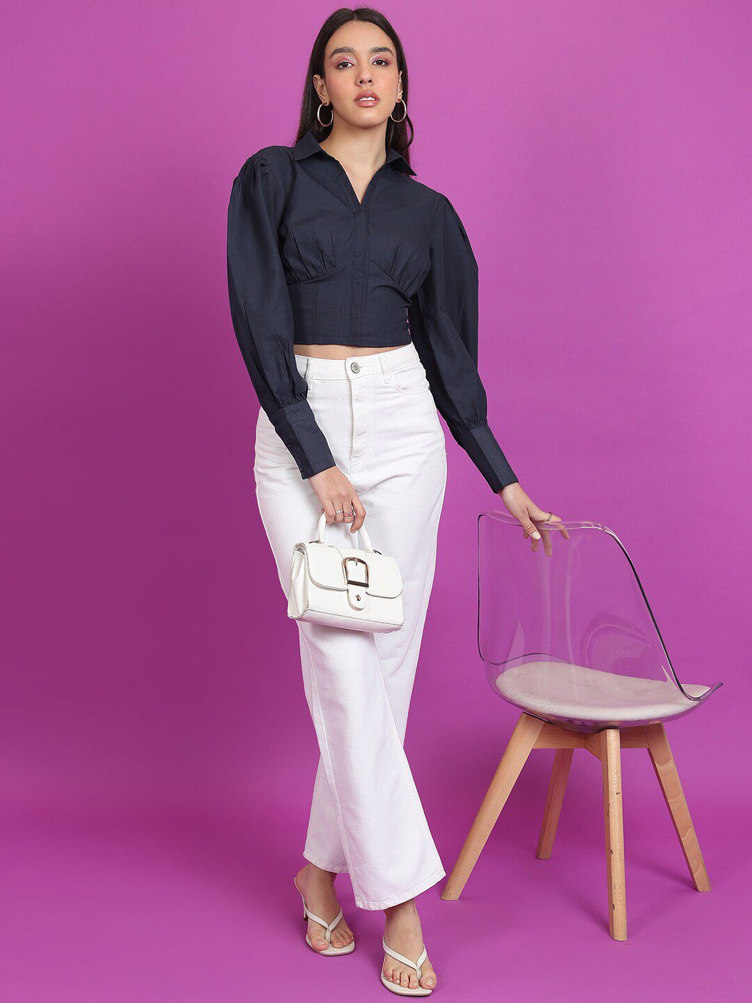 Tokyo Talkies Navy Blue Cuffed Sleeves Shirt Style Crop Top