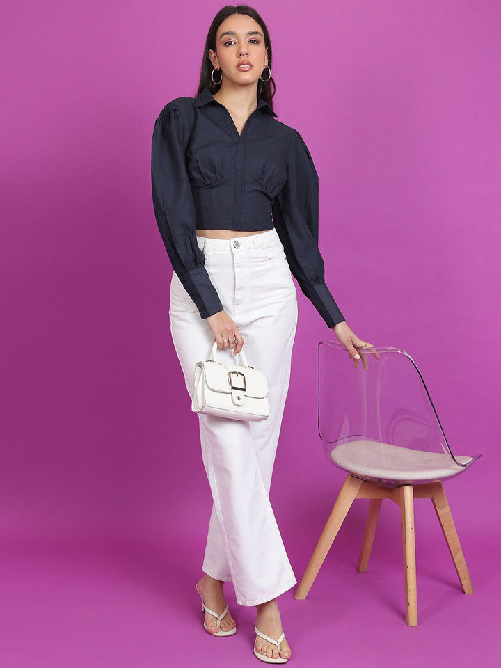 Tokyo Talkies Navy Blue Cuffed Sleeves Shirt Style Crop Top