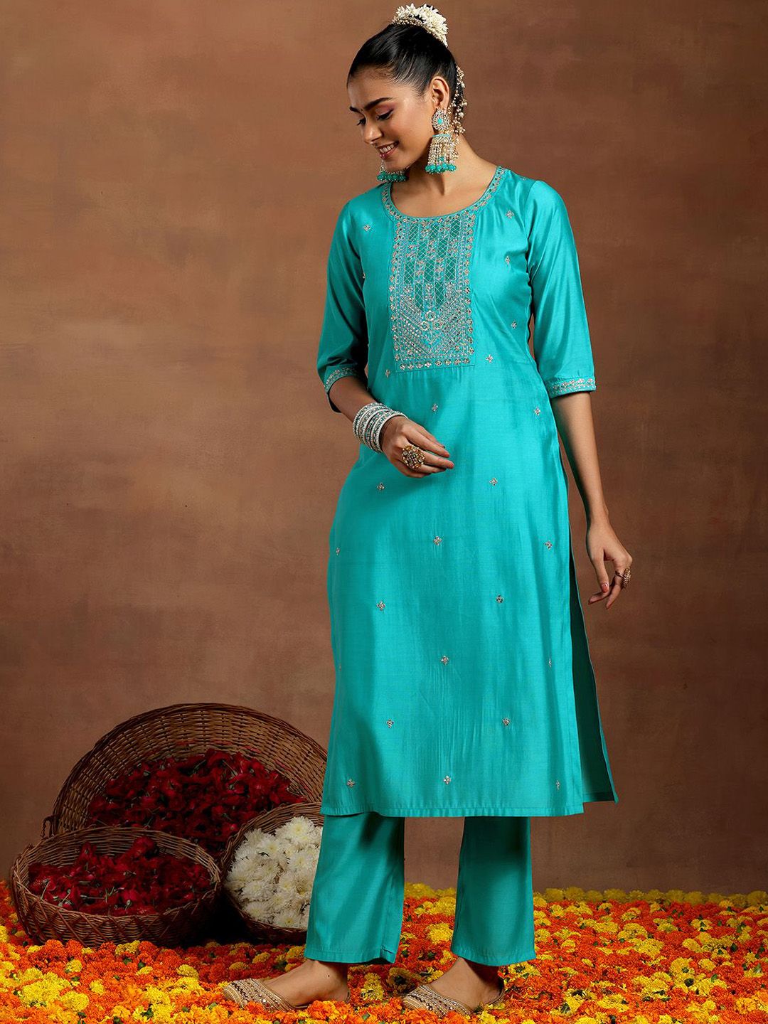 Gerua By Libas Floral Embroidered Sequinned Straight Kurta With Trouser & Dupatta