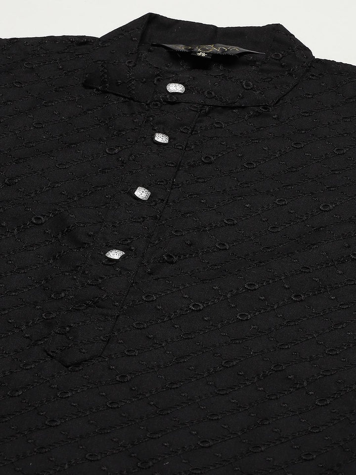 SOJANYA Men Black Chikankari Pure Cotton Kurta with Churidar & Nehrujacket