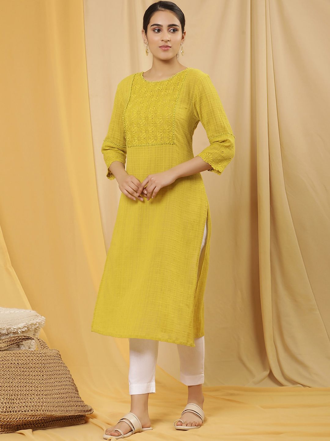 W Yellow Floral Yoke Design Thread Work Pure Cotton Straight Kurta