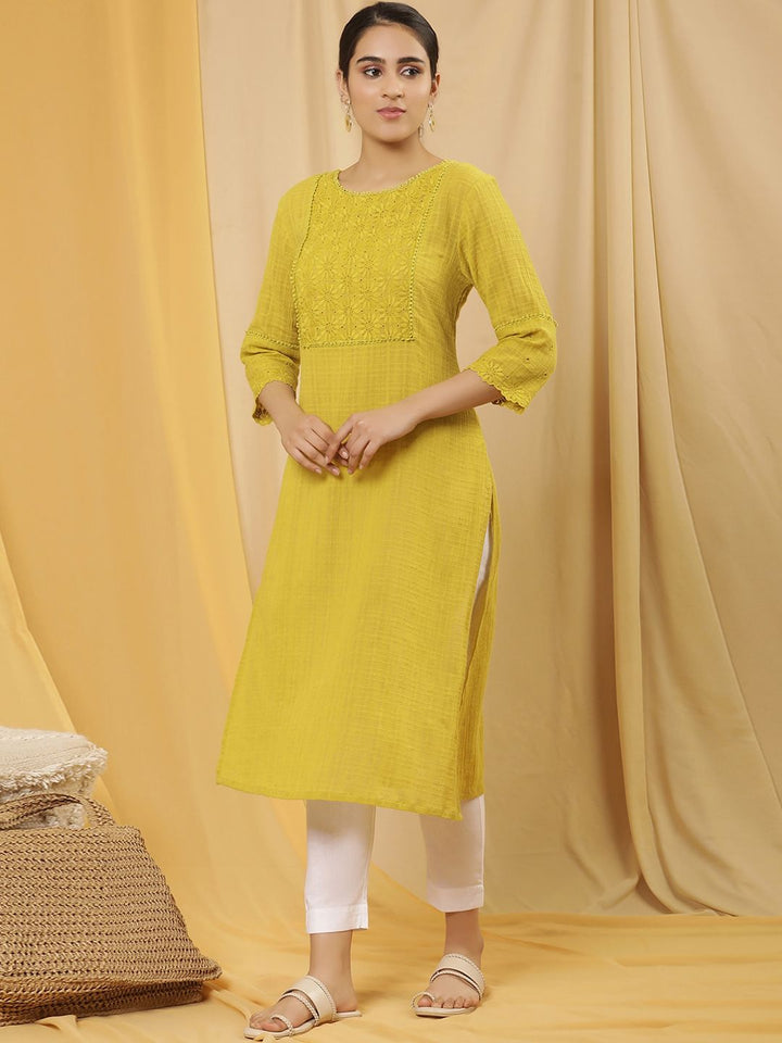 W Yellow Floral Yoke Design Thread Work Pure Cotton Straight Kurta