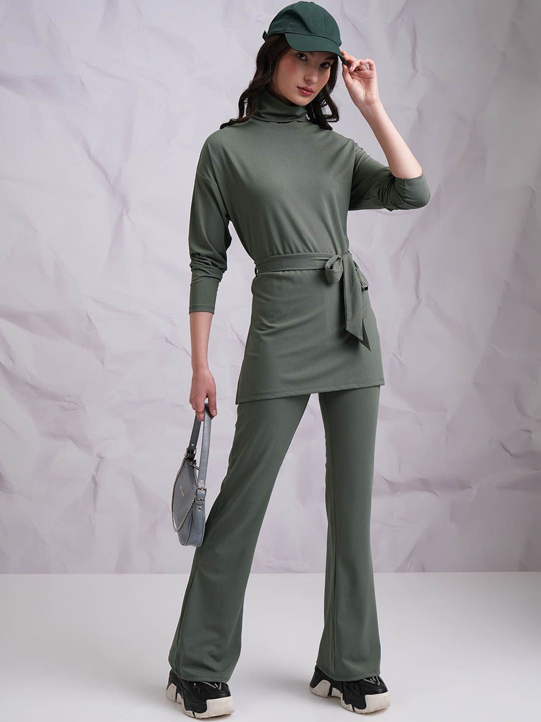 Tokyo Talkies Olive Green High Neck Top With Trousers