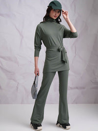 Tokyo Talkies Olive Green High Neck Top With Trousers