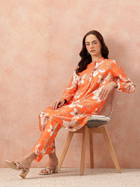 all about you Floral Printed Mandarin Collar Straight Kurta with Trousers