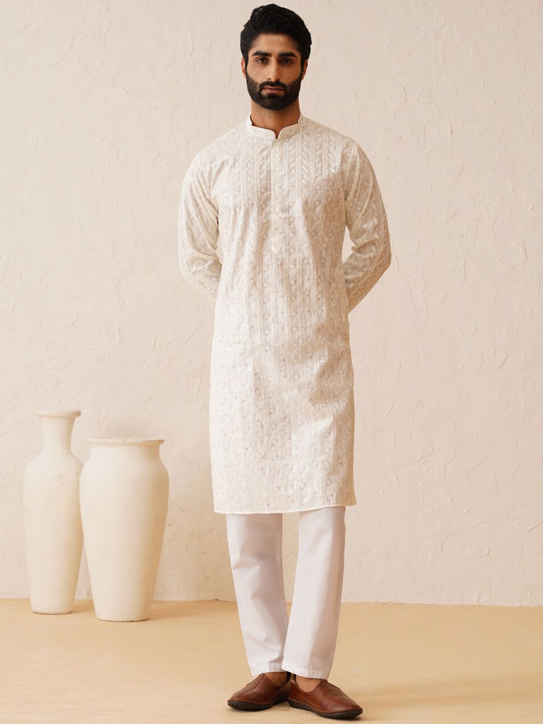 SOJANYA LUXE Motif Etnik Sulam Benang Kerja Cotton Sutera Kurta Lurus