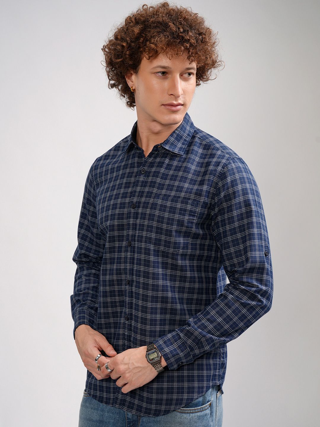 HIGHLANDER Men Blue & White Slim Fit Checked Casual Shirt