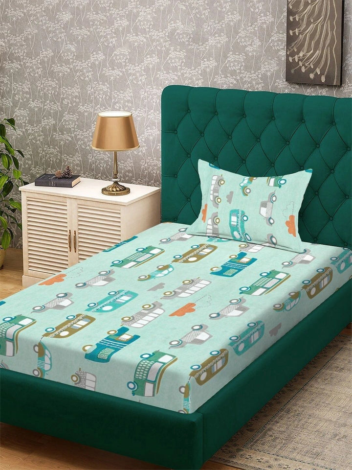 Moda Rapido X KLOTTHE Green Cartoon Characters 300 TC Single Bedsheet with 1 Pillow Covers