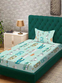 Moda Rapido X KLOTTHE Green Cartoon Characters 300 TC Single Bedsheet with 1 Pillow Covers