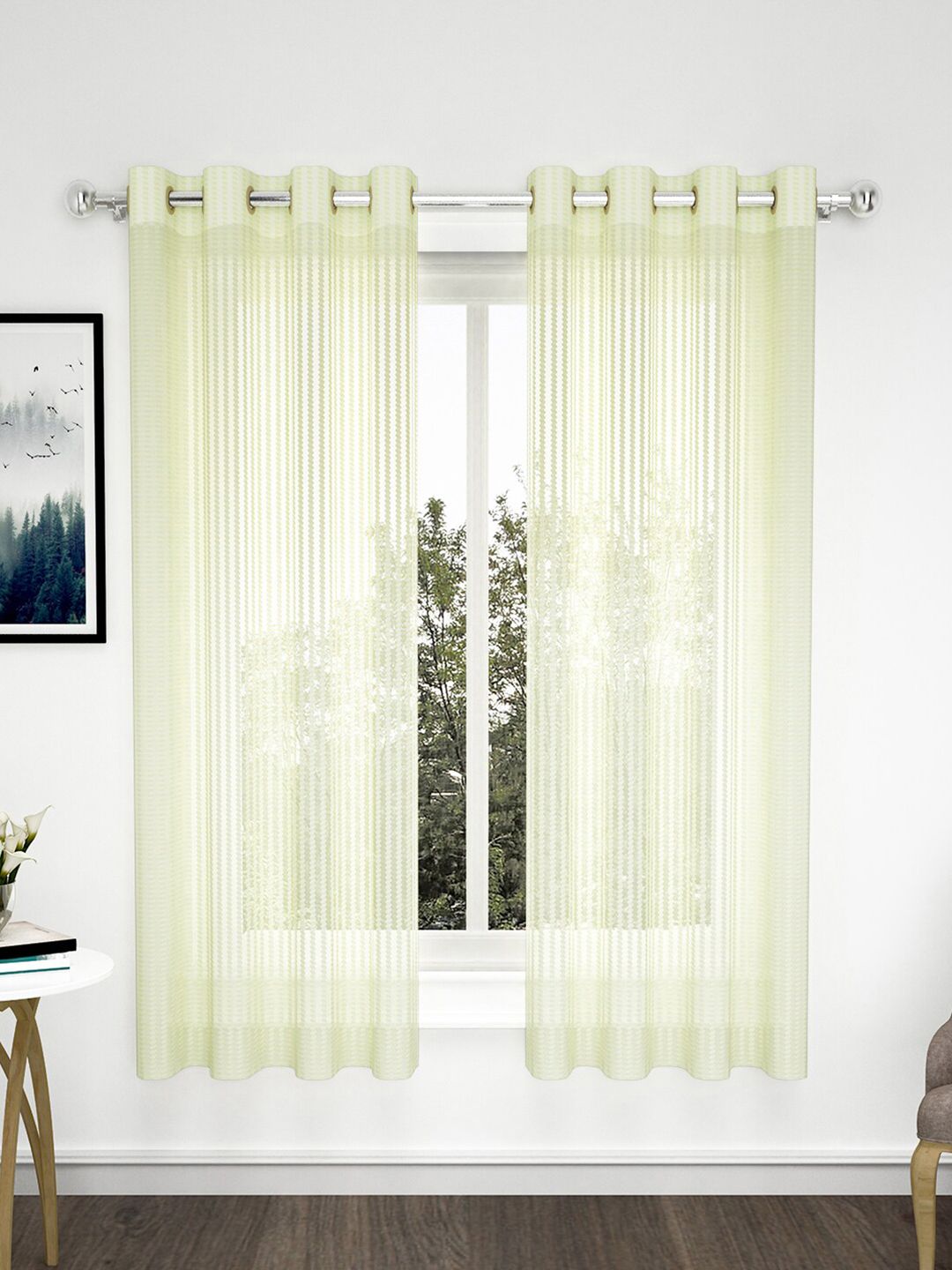 Story@home Cream Set of 2 Striped Sheer Window Curtain