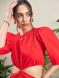 SASSAFRAS Red Puff Sleeve Cut-Out Pure Cotton Sheath Dress