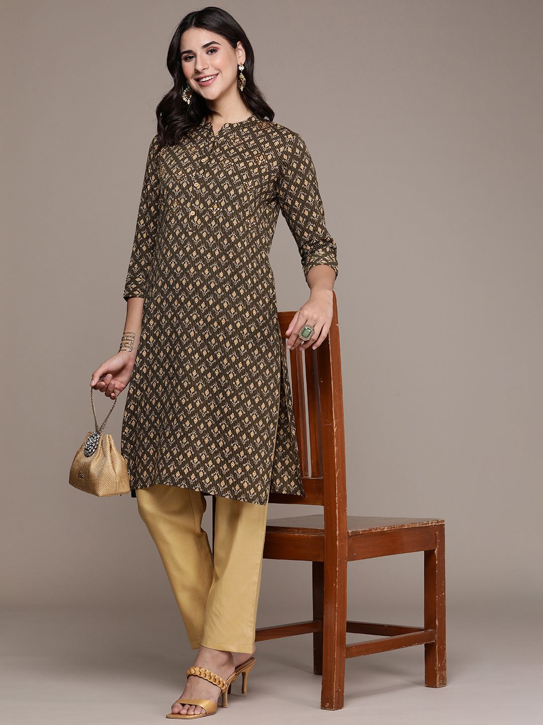 Anouk Women Ethnic Motifs Printed Regular Sequinned Pure Cotton Kurta with Trousers