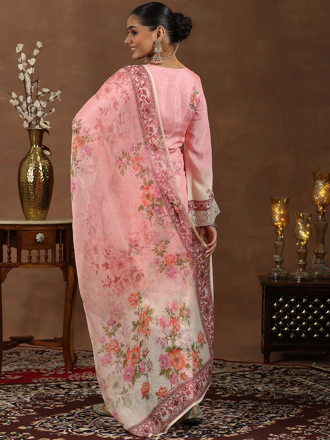 Libas Floral Embroidered Zari Schiffli Straight Kurta with Trousers & Dupatta