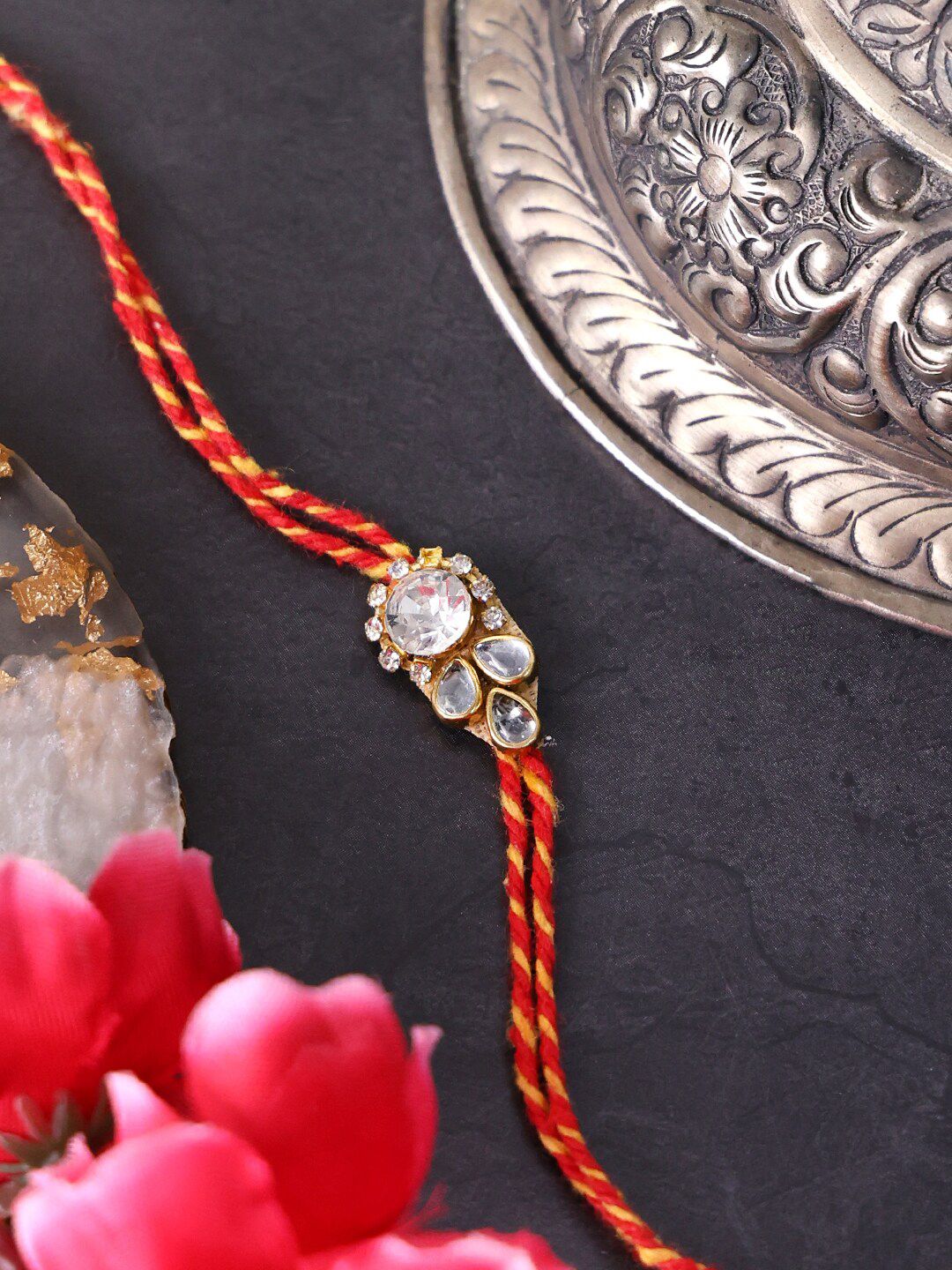 PANASH- Unisex Set Of 3 Gold Plated Stone Studded Thread Rakhis With Roli Chawal