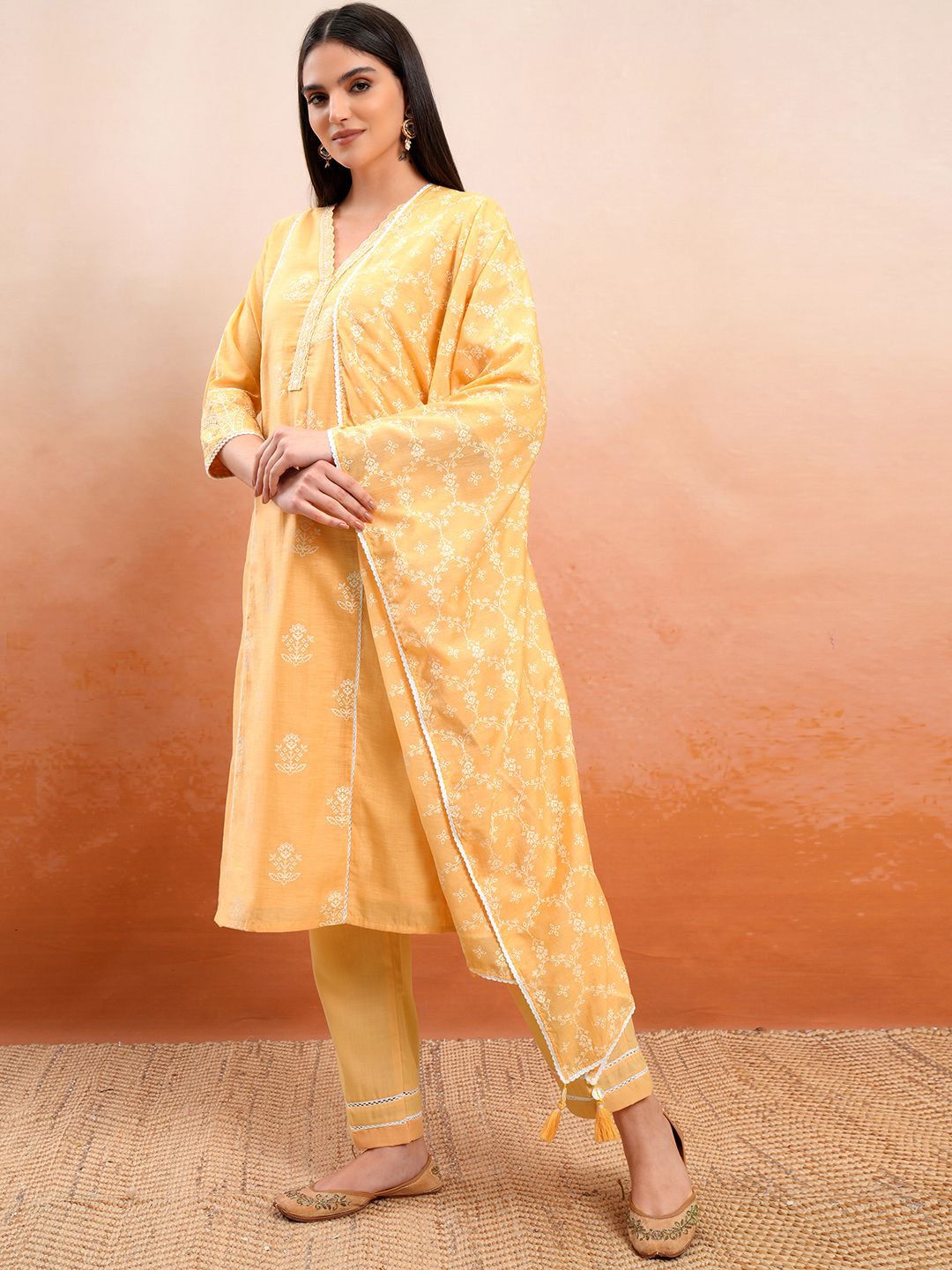 Vishudh Orange Floral Printed V-Neck Pure Cotton Straight Kurta With Trousers & Dupatta