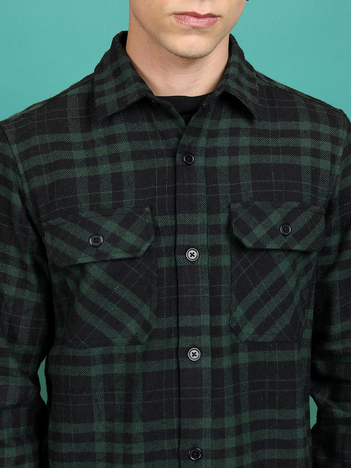 HIGHLANDER Checked Spread Collar Long Sleeves Flannel Checked Shirt