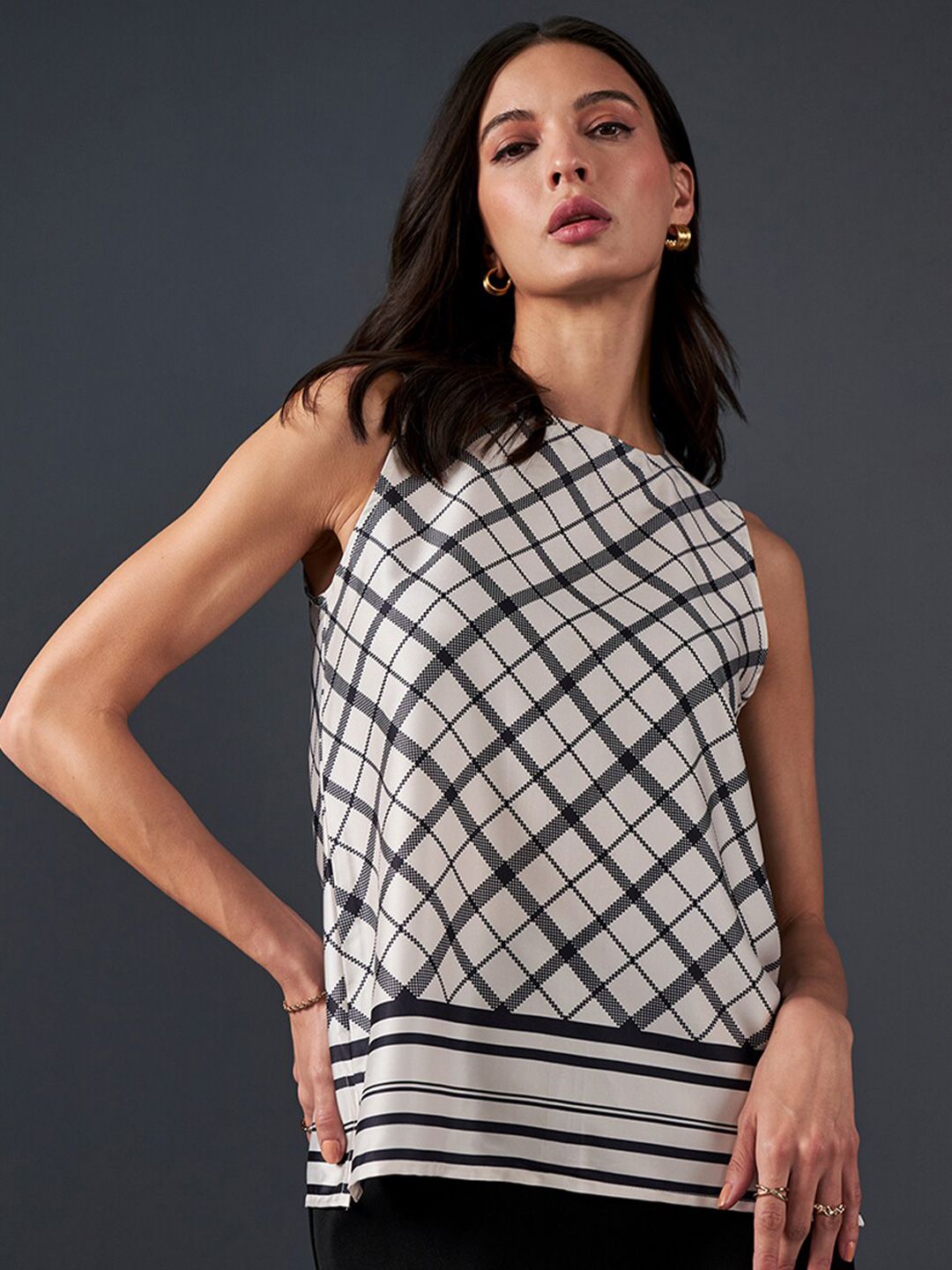 AND Checked Round Neck Styled Back Top