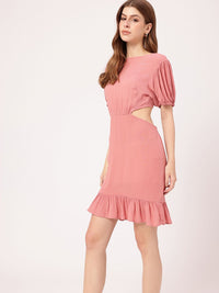 Edgy Cute Touch Puff Sleeves Cut-Outs Styled Back Sheath Mini Dress