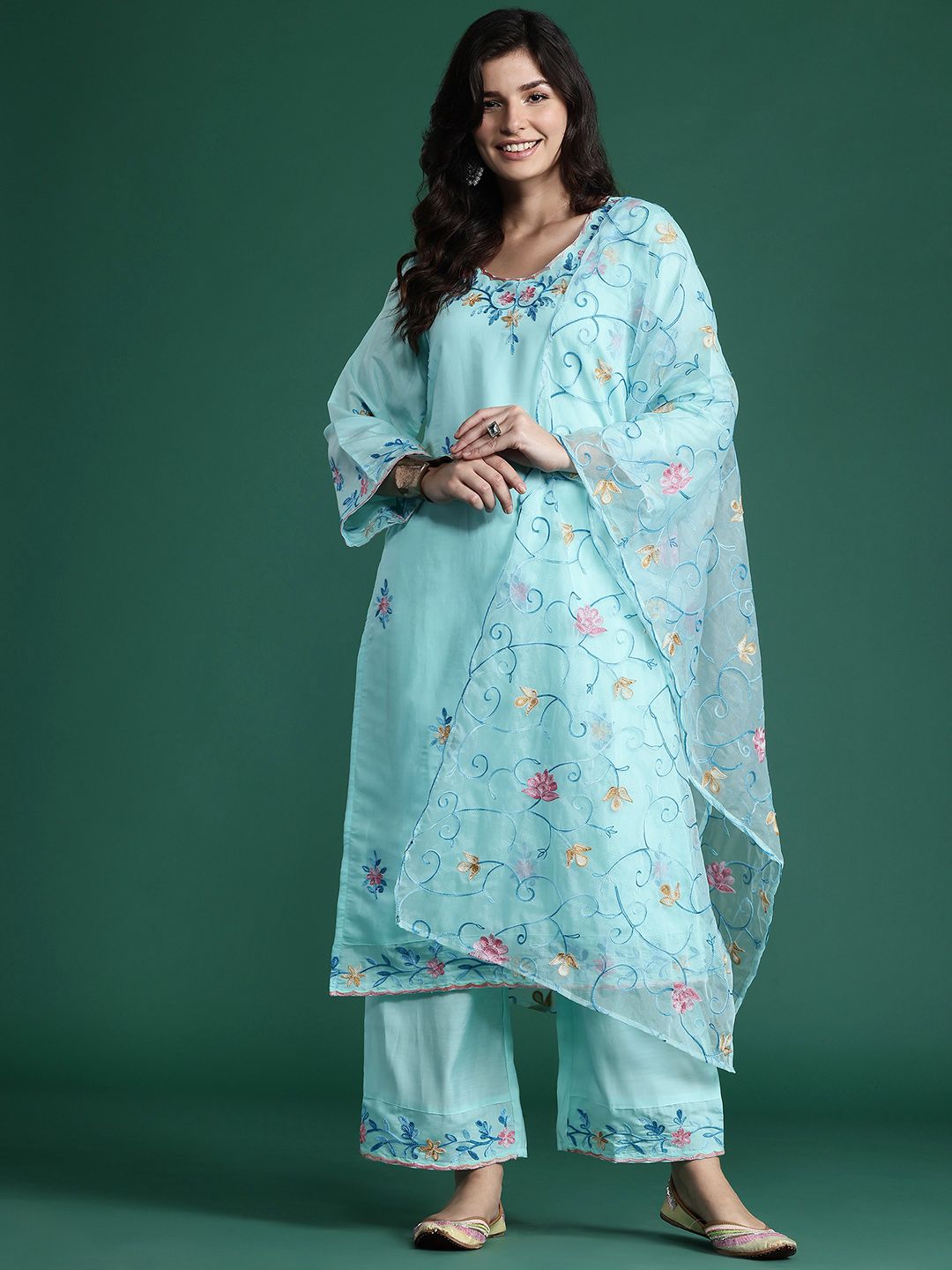Indo Era Floral Embroidered Thread Work Kurta with Trousers & With Dupatta