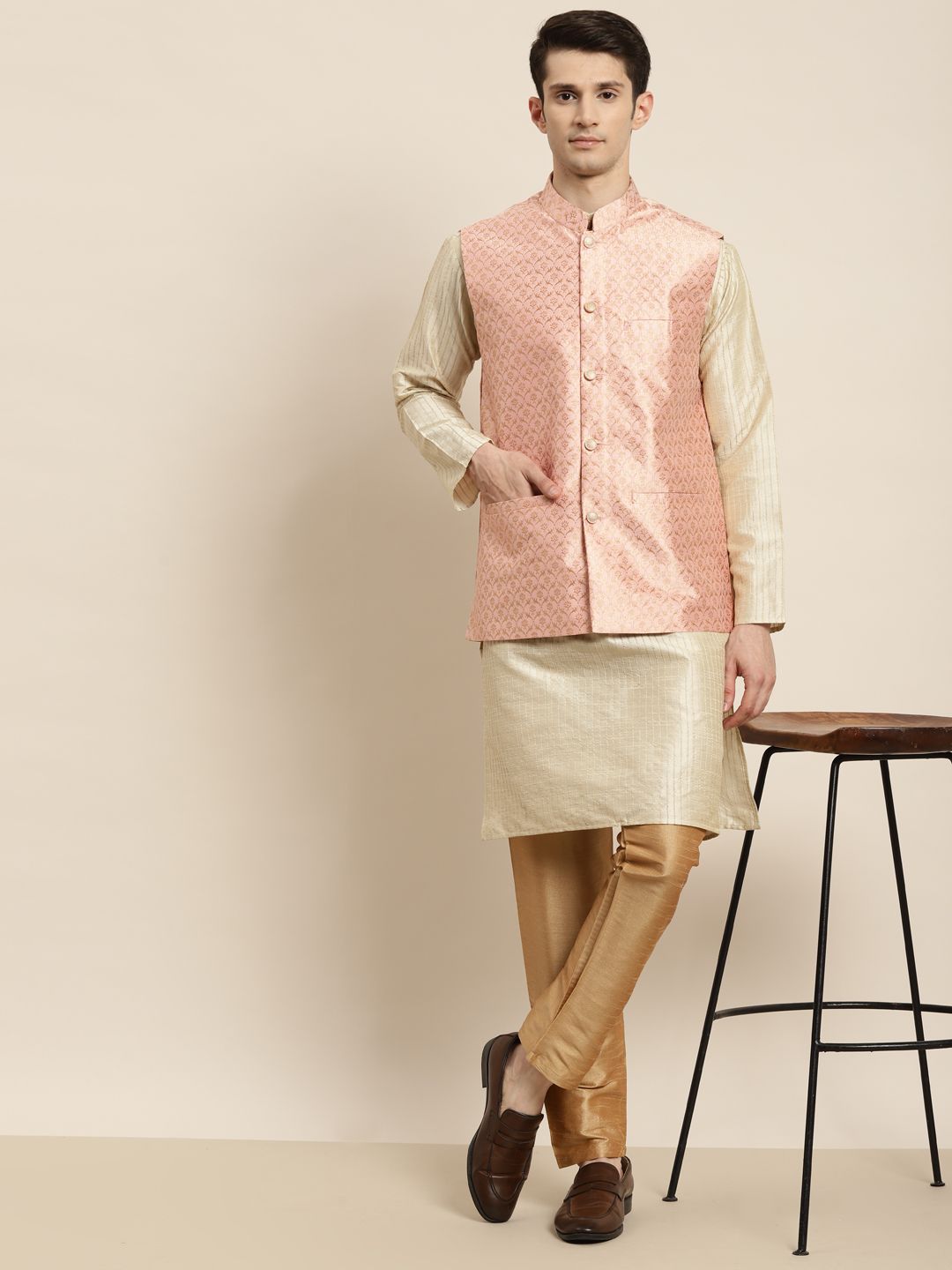 SOJANYA Men Beige Striped Kurta with Pyjamas & Nehru Jacket
