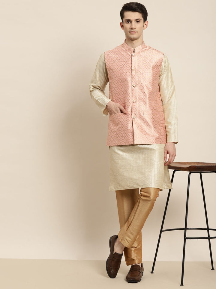 SOJANYA Men Beige Striped Kurta with Pyjamas & Nehru Jacket