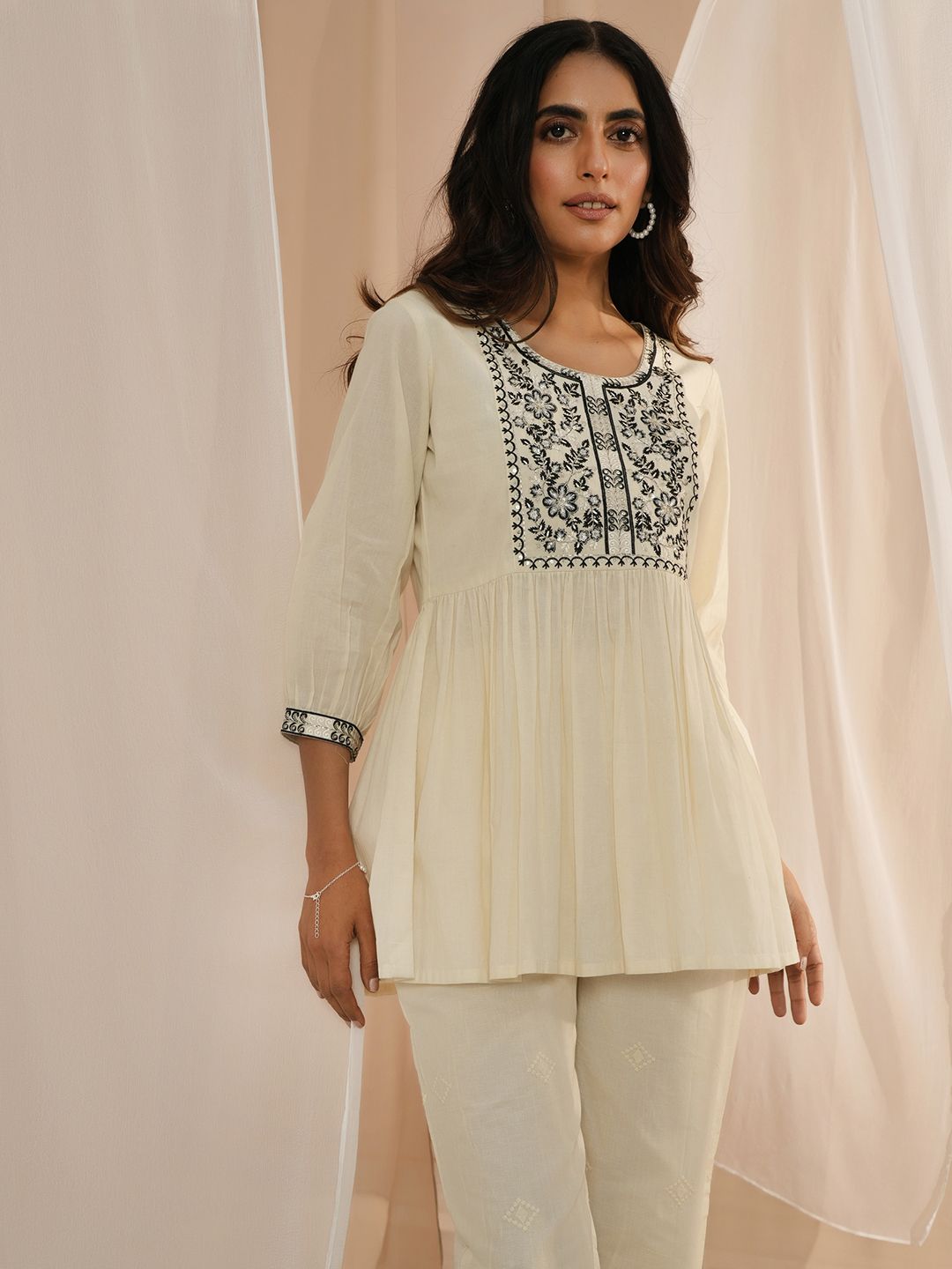 Libas Floral Yoke Design Sequinned Pure Cotton Pleated Kurti