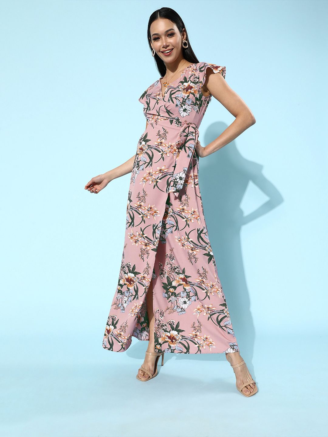 Berrylush Pink Floral Print Wrap Style Maxi Dress