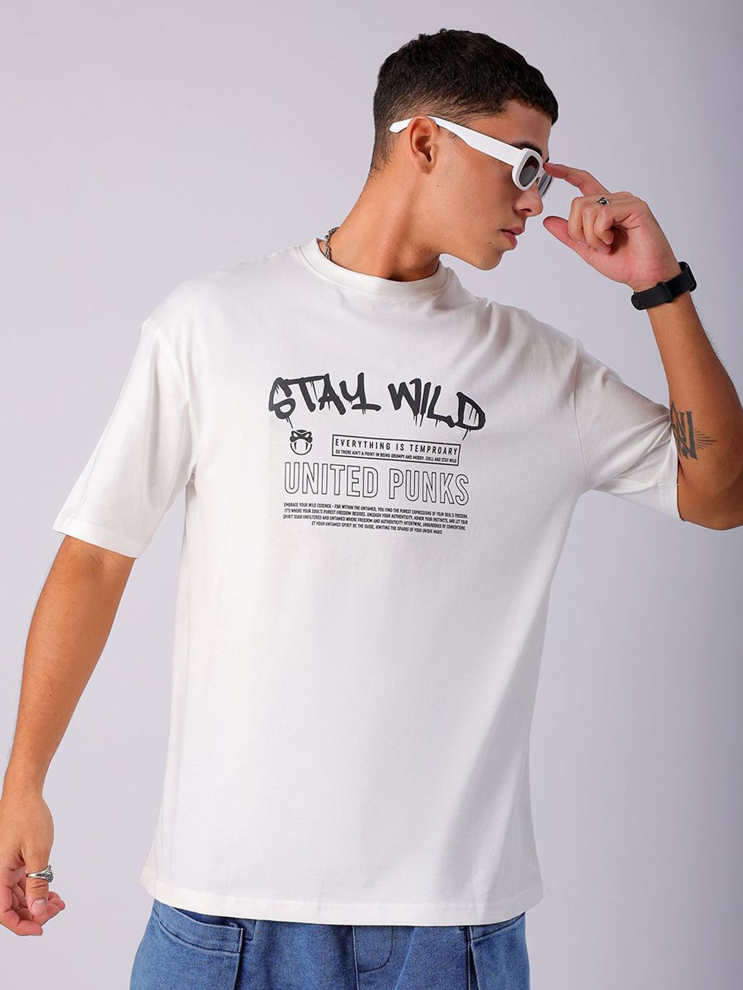 The Indian Garage Co Men Cotton Back Printed Boxy Oversized Round Neck T-shirt