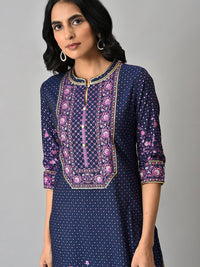 AURELIA Women Navy Blue Floral Printed Straight Fit Kurta