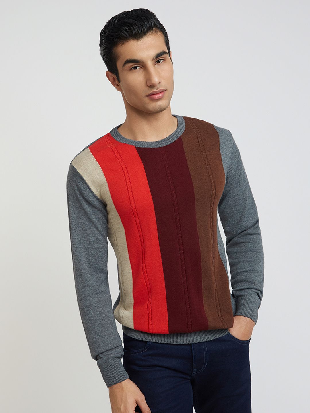 Raymond Men Maroon & Brown Striped Pullover