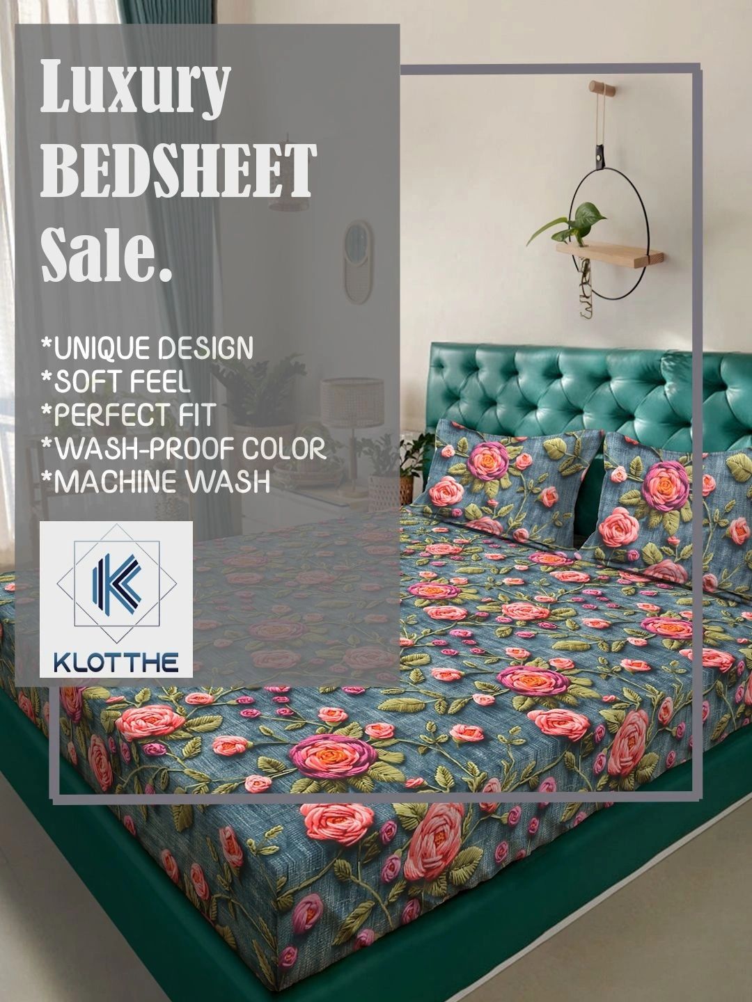 Moda Rapido X KLOTTHE Turquoise Blue Floral 300 TC Cadar Katil King dengan 2 Sarung Bantal