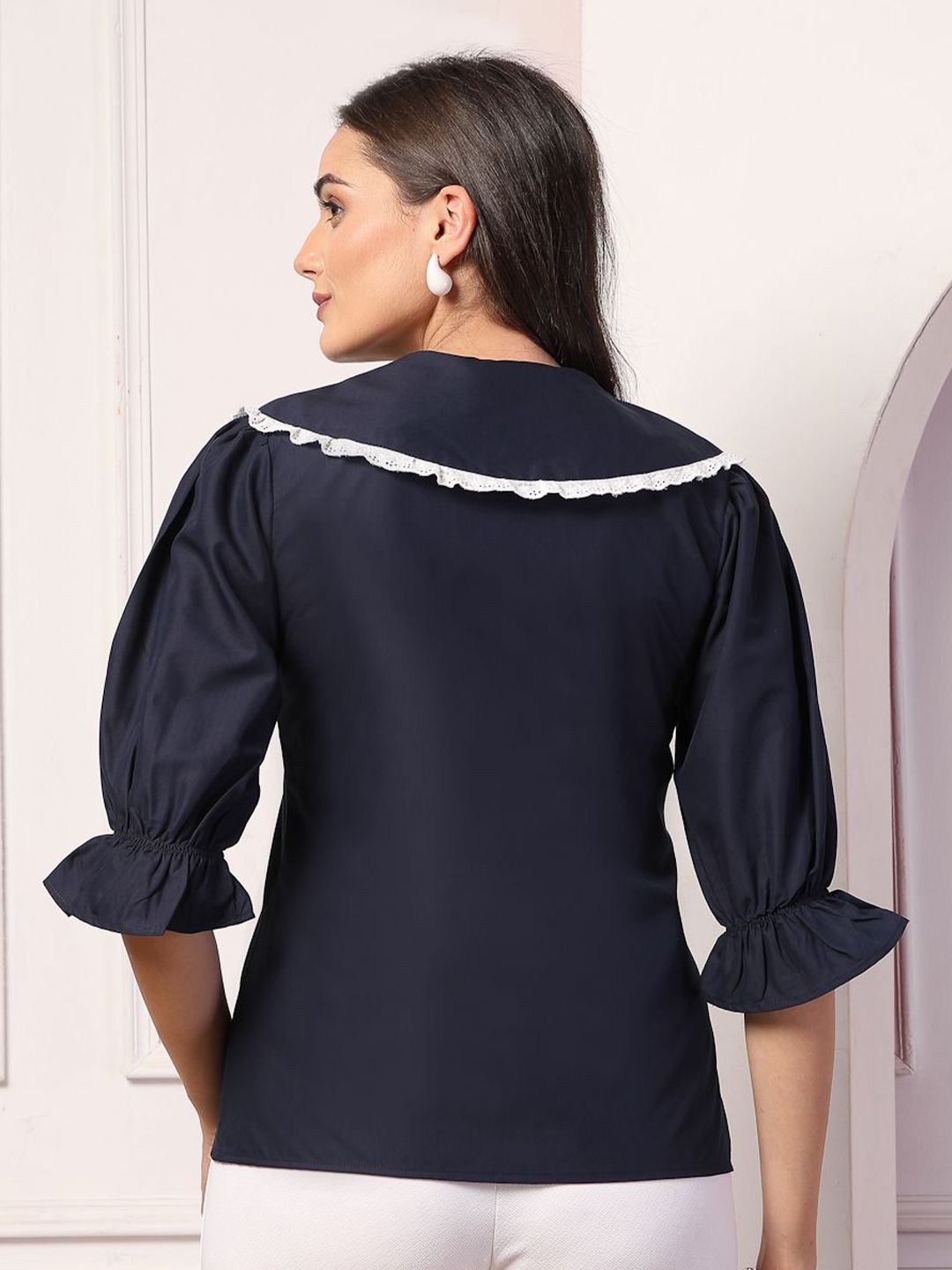 Style Quotient Women Peter Pan Collar Puff Sleeve Shirt Style Top