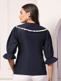 Style Quotient Women Peter Pan Collar Puff Sleeve Shirt Style Top