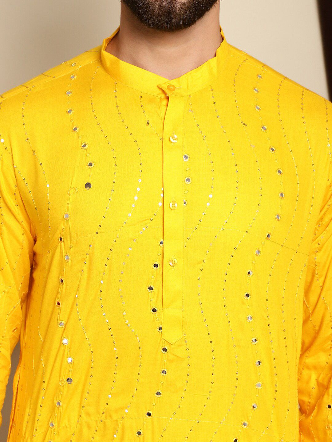 Anouk Leheriya Mirror Sequined Mandarin Collar Pure Cotton Kurta With Churidar