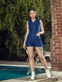 SASSAFRAS Blue Front Zipper Cargo Styles Play Jumpsuit