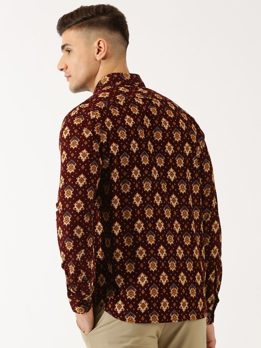 Thomas Scott Classic Slim Fit Ethnic Motifs Printed Pure Cotton Corduroy Semiformal Shirt