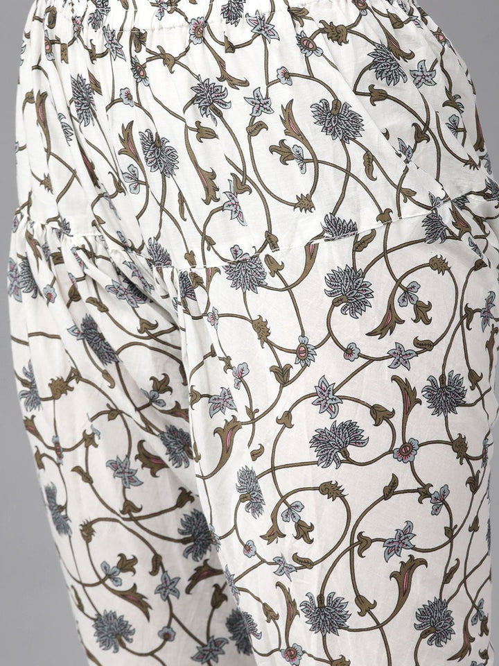Libas Women White & Grey Floral Printed Pure Cotton Kurta with Churidar & With Dupatta
