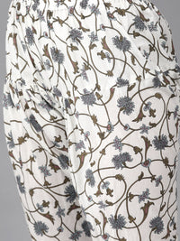 Libas Women White & Grey Floral Printed Pure Cotton Kurta with Churidar & With Dupatta