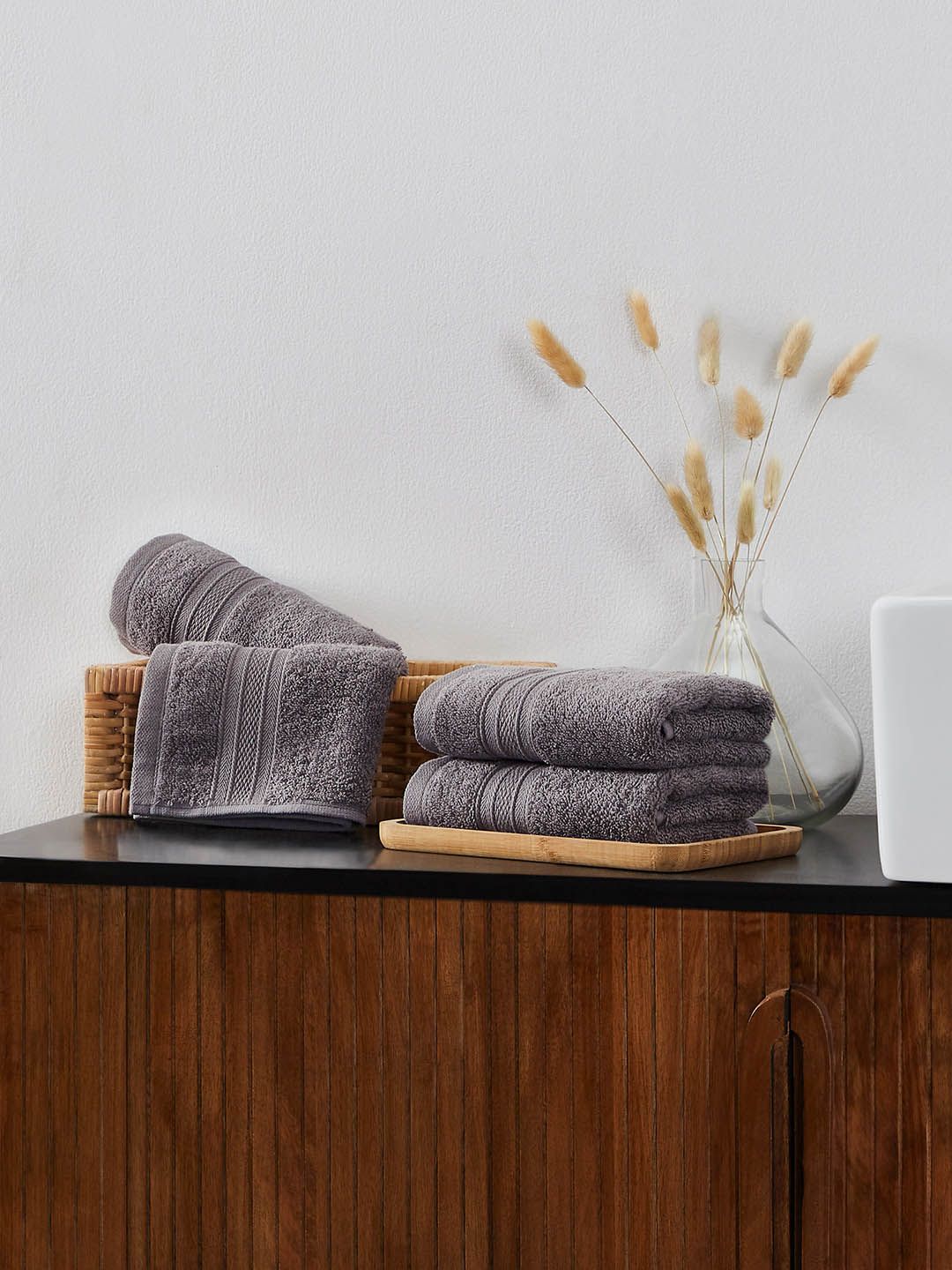 MYTRIDENT Charcoal Set of 4 Solid Cotton Hand Towel