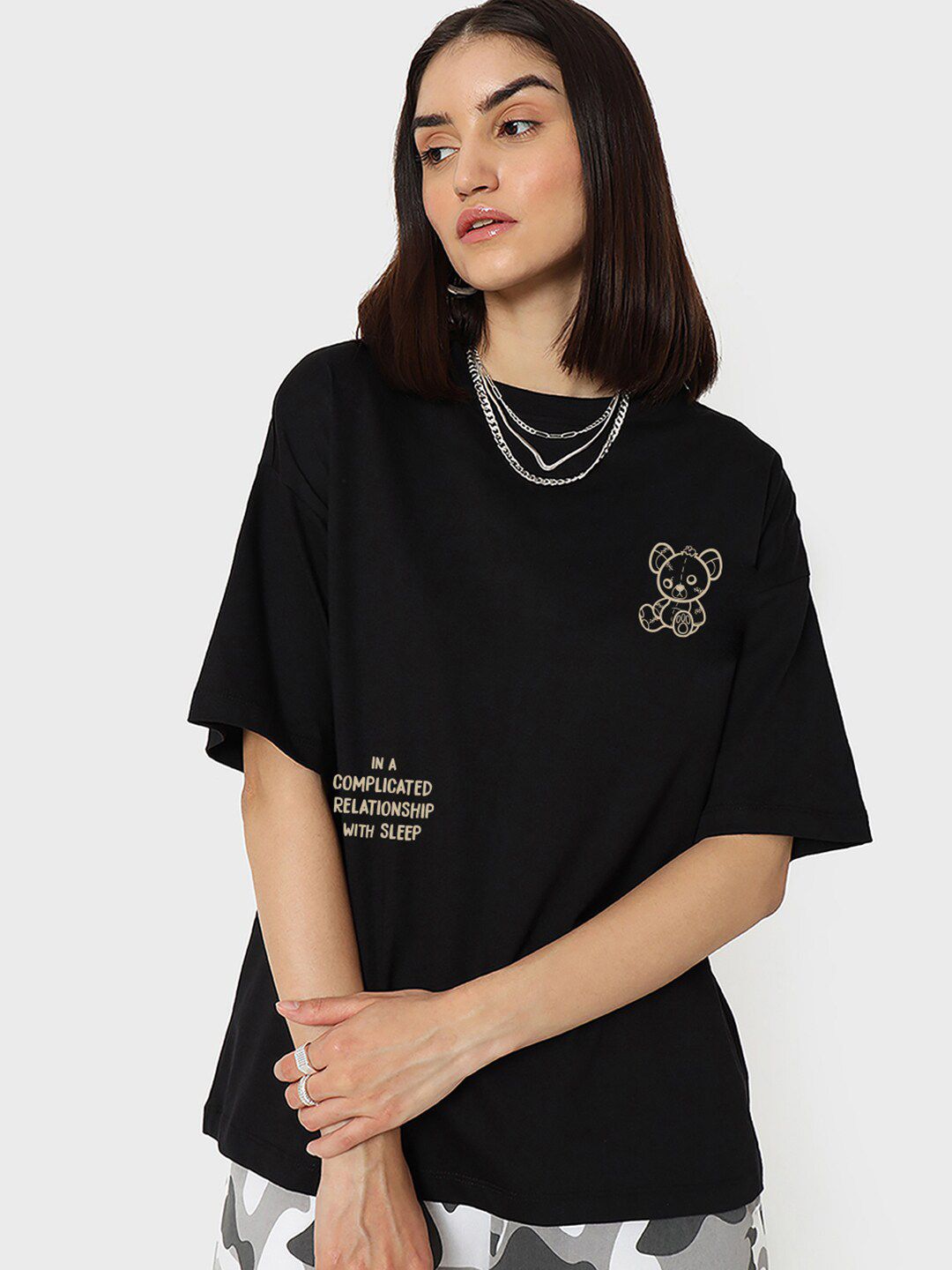 Bewakoof Black Bearly Awake Graphic Printed Round Neck Cotton Oversized T-shirt