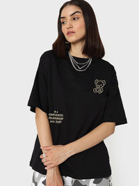 Bewakoof Black Bearly Awake Graphic Printed Round Neck Cotton Oversized T-shirt